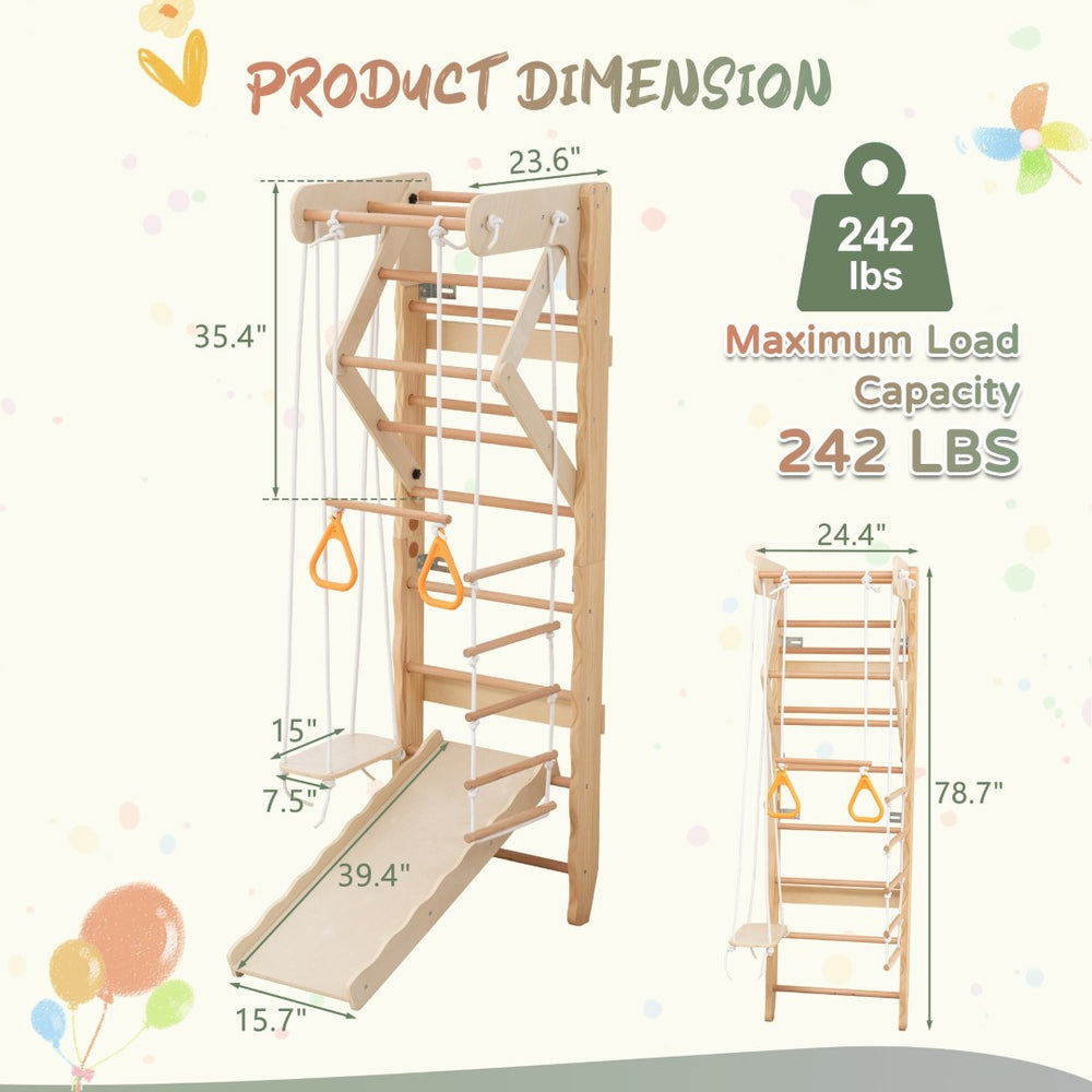 English Elm 6-in-1 Swedish Wall Gym Solid Birch Climbing Ladder Swing Rings Family Fitness W1422P474542