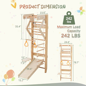 English Elm 6-in-1 Swedish Wall Gym Solid Birch Climbing Ladder Swing Rings Family Fitness W1422P474542