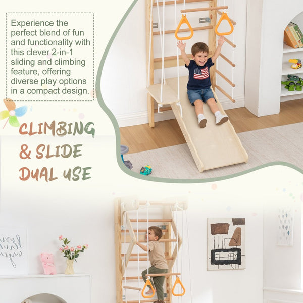 English Elm 6-in-1 Swedish Wall Gym Solid Birch Climbing Ladder Swing Rings Family Fitness W1422P474542