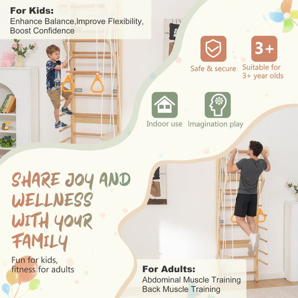 English Elm 6-in-1 Swedish Wall Gym Solid Birch Climbing Ladder Swing Rings Family Fitness W1422P474542