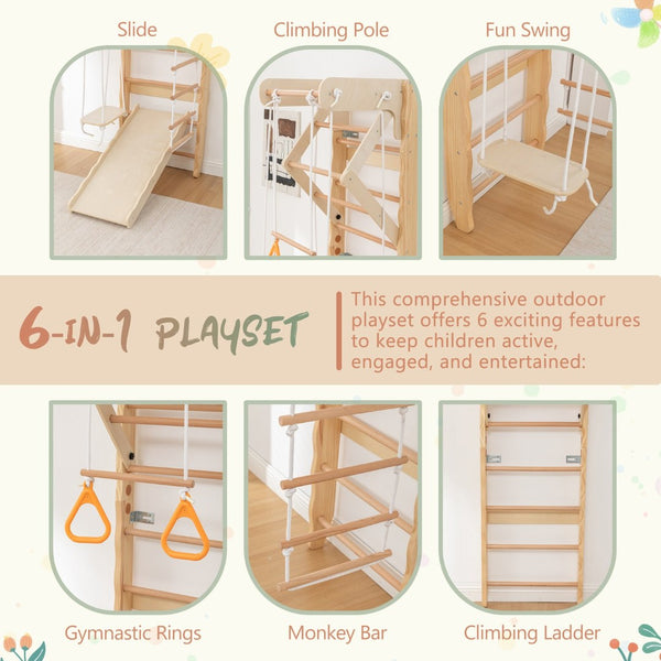 English Elm 6-in-1 Swedish Wall Gym Solid Birch Climbing Ladder Swing Rings Family Fitness W1422P474542