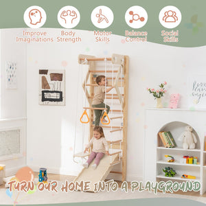 English Elm 6-in-1 Swedish Wall Gym Solid Birch Climbing Ladder Swing Rings Family Fitness W1422P474542