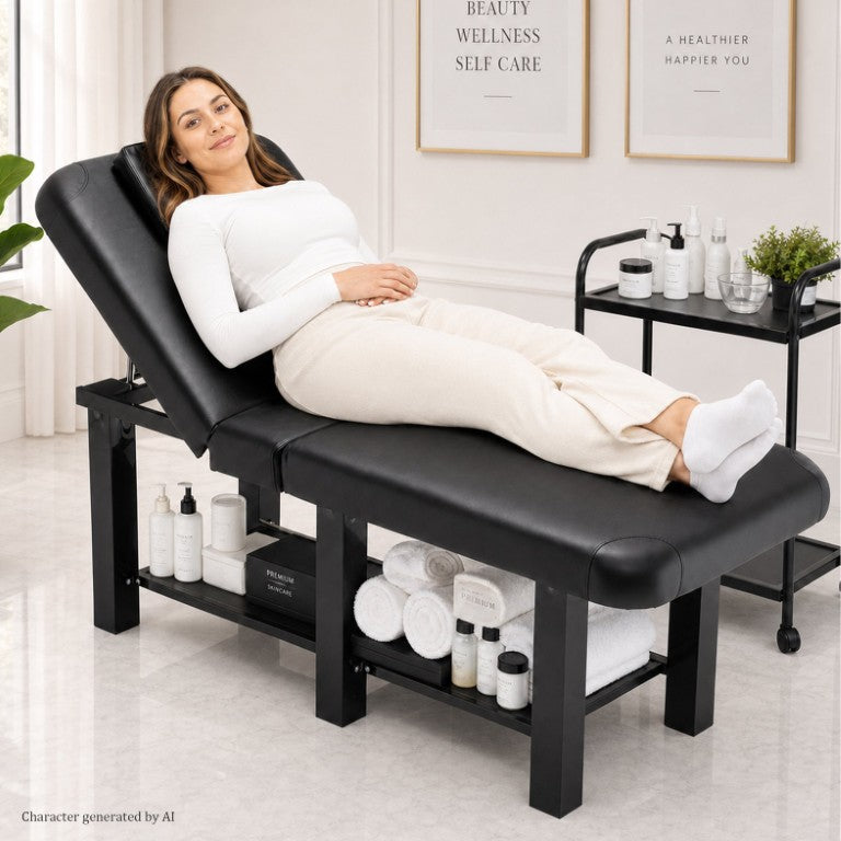 English Elm 74.8 Inch PU Leather Reclining Treatment Bed with Storage Shelves for Salon and Spa Black W1422P547829