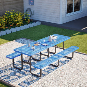 English Elm 96"x96" Galvanized Steel Mesh Outdoor Picnic Table Seats 10 with Umbrella Port Blue W1422S00077