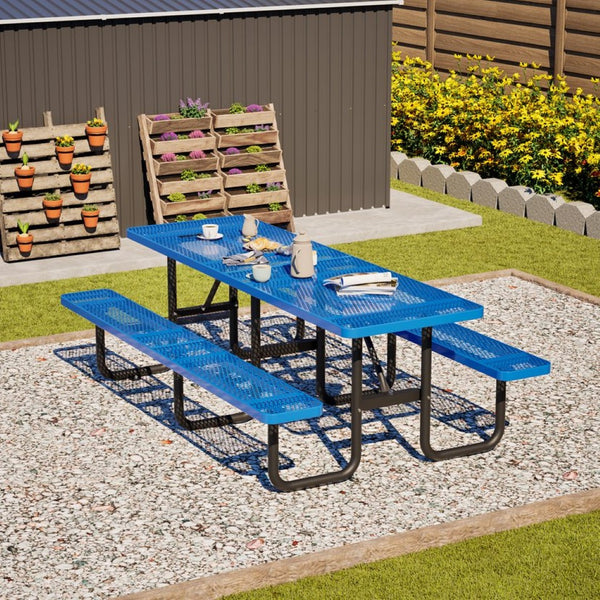 English Elm 96"x96" Galvanized Steel Mesh Outdoor Picnic Table Seats 10 with Umbrella Port Blue W1422S00077