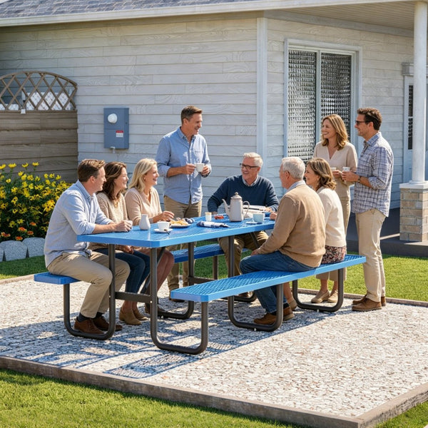 English Elm 96"x96" Galvanized Steel Mesh Outdoor Picnic Table Seats 10 with Umbrella Port Blue W1422S00077
