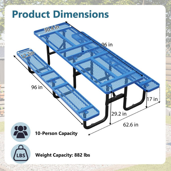 English Elm 96"x96" Galvanized Steel Mesh Outdoor Picnic Table Seats 10 with Umbrella Port Blue W1422S00077