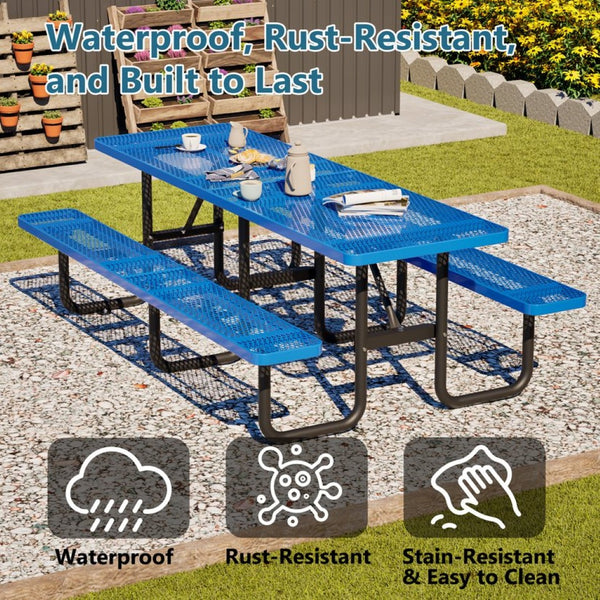 English Elm 96"x96" Galvanized Steel Mesh Outdoor Picnic Table Seats 10 with Umbrella Port Blue W1422S00077