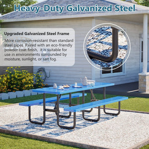 English Elm 96"x96" Galvanized Steel Mesh Outdoor Picnic Table Seats 10 with Umbrella Port Blue W1422S00077