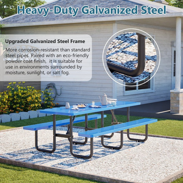 English Elm 96"x96" Galvanized Steel Mesh Outdoor Picnic Table Seats 10 with Umbrella Port Blue W1422S00077