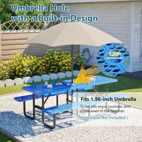 English Elm 96"x96" Galvanized Steel Mesh Outdoor Picnic Table Seats 10 with Umbrella Port Blue W1422S00077