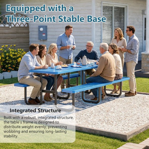 English Elm 96"x96" Galvanized Steel Mesh Outdoor Picnic Table Seats 10 with Umbrella Port Blue W1422S00077