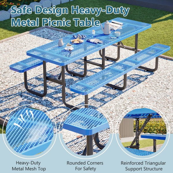 English Elm 96"x96" Galvanized Steel Mesh Outdoor Picnic Table Seats 10 with Umbrella Port Blue W1422S00077