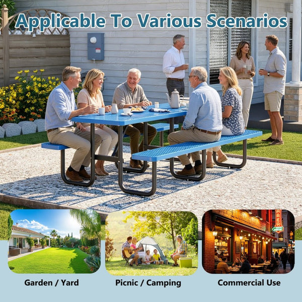 English Elm 96"x96" Galvanized Steel Mesh Outdoor Picnic Table Seats 10 with Umbrella Port Blue W1422S00077