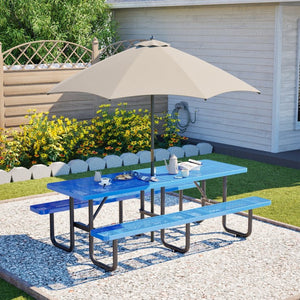 English Elm 96"x96" Galvanized Steel Mesh Outdoor Picnic Table Seats 10 with Umbrella Port Blue W1422S00077