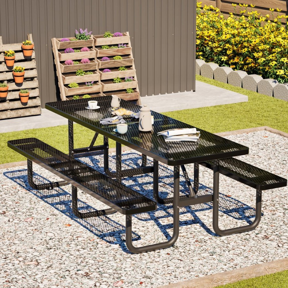 English Elm 96"x96" Galvanized Steel Mesh Outdoor Picnic Table Seats 10 with Umbrella Port Black W1422S00078