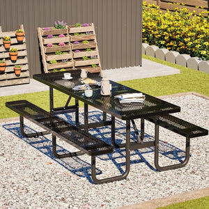 English Elm 96"x96" Galvanized Steel Mesh Outdoor Picnic Table Seats 10 with Umbrella Port Black W1422S00078