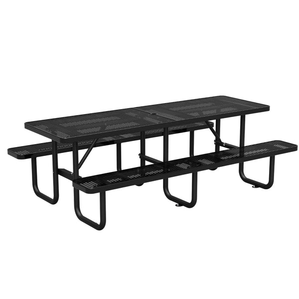English Elm 96"x96" Galvanized Steel Mesh Outdoor Picnic Table Seats 10 with Umbrella Port Black W1422S00078