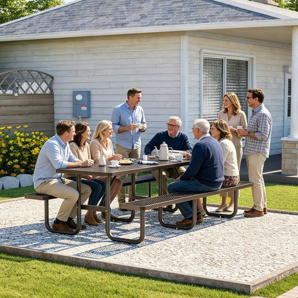 English Elm 96"x96" Galvanized Steel Mesh Outdoor Picnic Table Seats 10 with Umbrella Port Black W1422S00078