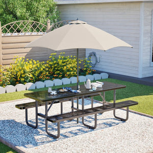 English Elm 96"x96" Galvanized Steel Mesh Outdoor Picnic Table Seats 10 with Umbrella Port Black W1422S00078