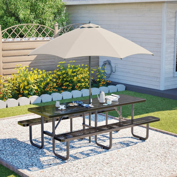 English Elm 96"x96" Galvanized Steel Mesh Outdoor Picnic Table Seats 10 with Umbrella Port Black W1422S00078