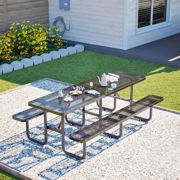English Elm 96"x96" Galvanized Steel Mesh Outdoor Picnic Table Seats 10 with Umbrella Port Black W1422S00078