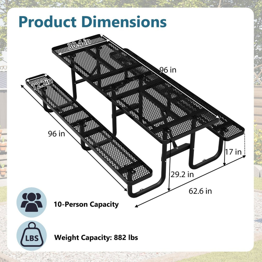 English Elm 96"x96" Galvanized Steel Mesh Outdoor Picnic Table Seats 10 with Umbrella Port Black W1422S00078