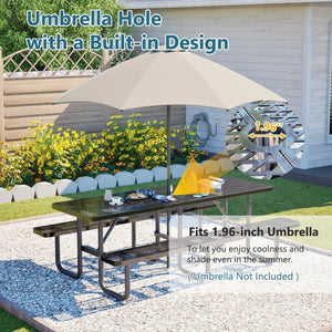English Elm 96"x96" Galvanized Steel Mesh Outdoor Picnic Table Seats 10 with Umbrella Port Black W1422S00078