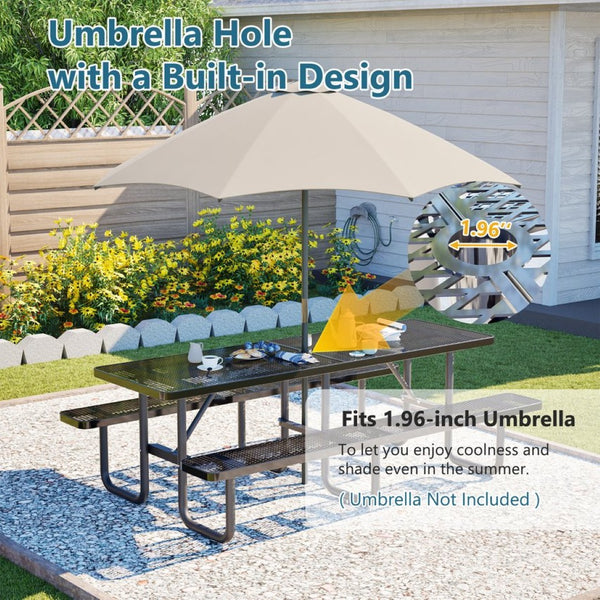 English Elm 96"x96" Galvanized Steel Mesh Outdoor Picnic Table Seats 10 with Umbrella Port Black W1422S00078