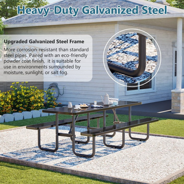 English Elm 96"x96" Galvanized Steel Mesh Outdoor Picnic Table Seats 10 with Umbrella Port Black W1422S00078