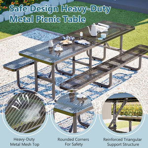 English Elm 96"x96" Galvanized Steel Mesh Outdoor Picnic Table Seats 10 with Umbrella Port Black W1422S00078