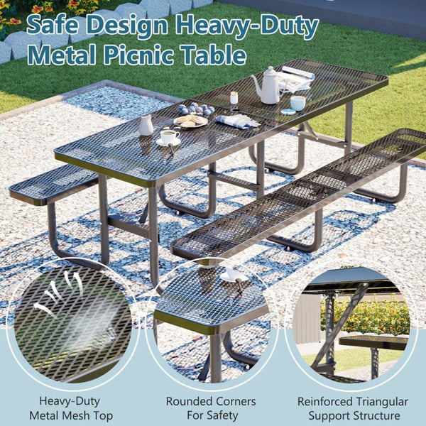 English Elm 96"x96" Galvanized Steel Mesh Outdoor Picnic Table Seats 10 with Umbrella Port Black W1422S00078