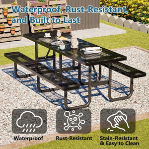 English Elm 96"x96" Galvanized Steel Mesh Outdoor Picnic Table Seats 10 with Umbrella Port Black W1422S00078