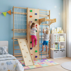 English Elm All-In-One Solid Wood Wall Mounted Indoor Climbing Gym with Rings Swings and Rope Ladder W1422S00084