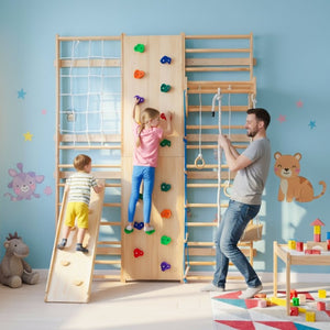 English Elm All-In-One Solid Wood Wall Mounted Indoor Climbing Gym with Rings Swings and Rope Ladder W1422S00084