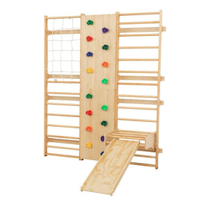 English Elm All-In-One Solid Wood Wall Mounted Indoor Climbing Gym with Rings Swings and Rope Ladder W1422S00084