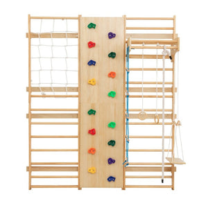 English Elm All-In-One Solid Wood Wall Mounted Indoor Climbing Gym with Rings Swings and Rope Ladder W1422S00084