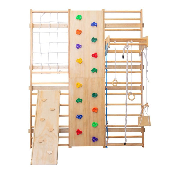 English Elm All-In-One Solid Wood Wall Mounted Indoor Climbing Gym with Rings Swings and Rope Ladder W1422S00084