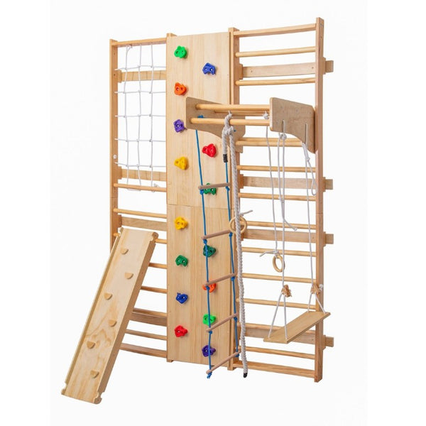 English Elm All-In-One Solid Wood Wall Mounted Indoor Climbing Gym with Rings Swings and Rope Ladder W1422S00084