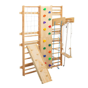 English Elm All-In-One Solid Wood Wall Mounted Indoor Climbing Gym with Rings Swings and Rope Ladder W1422S00084
