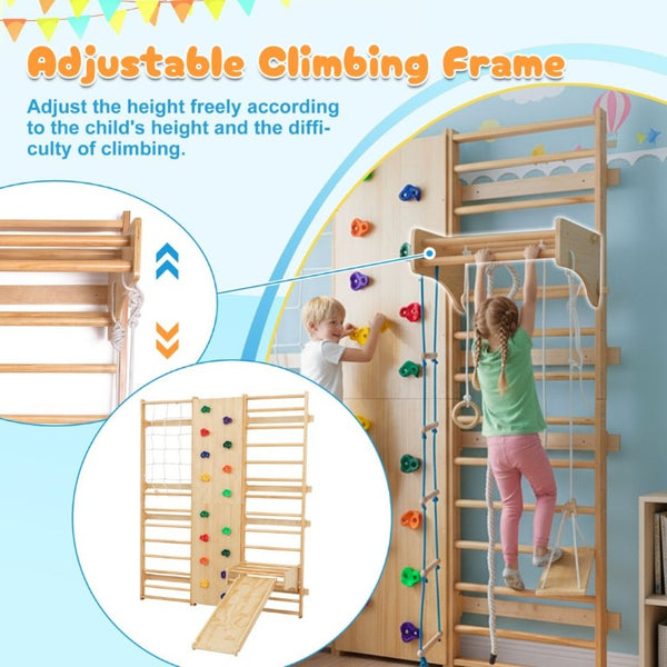 English Elm All-In-One Solid Wood Wall Mounted Indoor Climbing Gym with Rings Swings and Rope Ladder W1422S00084