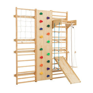 English Elm All-In-One Solid Wood Wall Mounted Indoor Climbing Gym with Rings Swings and Rope Ladder W1422S00084