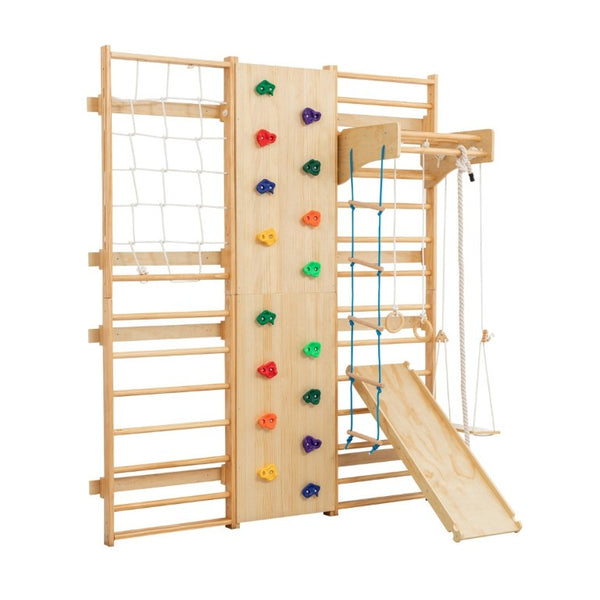 English Elm All-In-One Solid Wood Wall Mounted Indoor Climbing Gym with Rings Swings and Rope Ladder W1422S00084
