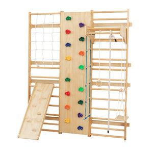 English Elm All-In-One Solid Wood Wall Mounted Indoor Climbing Gym with Rings Swings and Rope Ladder W1422S00084