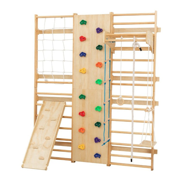 English Elm All-In-One Solid Wood Wall Mounted Indoor Climbing Gym with Rings Swings and Rope Ladder W1422S00084