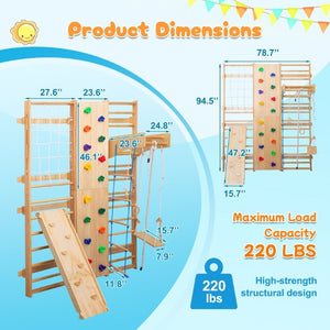 English Elm All-In-One Solid Wood Wall Mounted Indoor Climbing Gym with Rings Swings and Rope Ladder W1422S00084