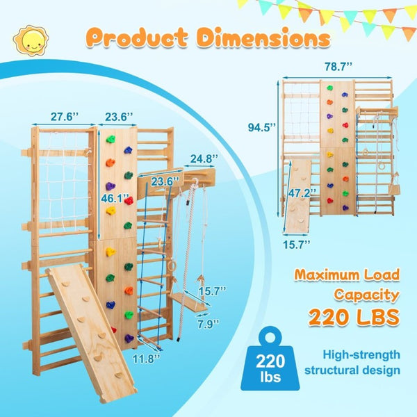 English Elm All-In-One Solid Wood Wall Mounted Indoor Climbing Gym with Rings Swings and Rope Ladder W1422S00084
