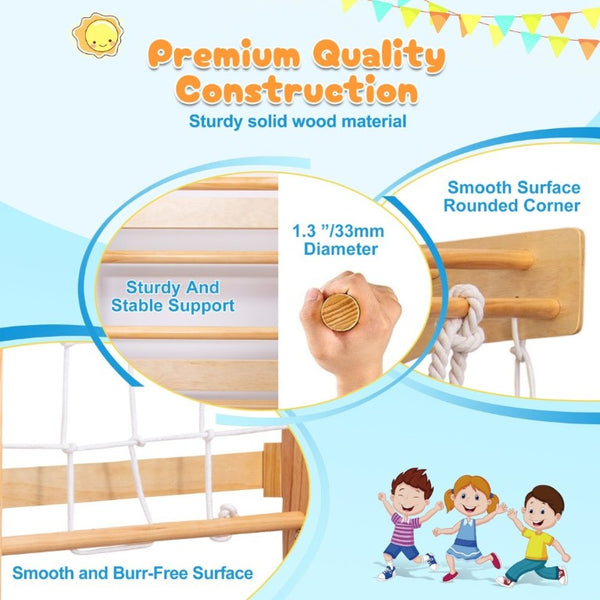 English Elm All-In-One Solid Wood Wall Mounted Indoor Climbing Gym with Rings Swings and Rope Ladder W1422S00084
