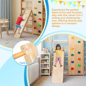 English Elm All-In-One Solid Wood Wall Mounted Indoor Climbing Gym with Rings Swings and Rope Ladder W1422S00084