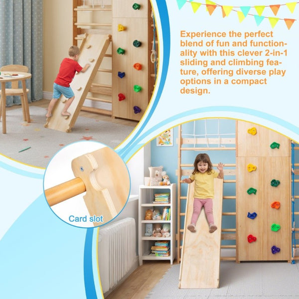 English Elm All-In-One Solid Wood Wall Mounted Indoor Climbing Gym with Rings Swings and Rope Ladder W1422S00084